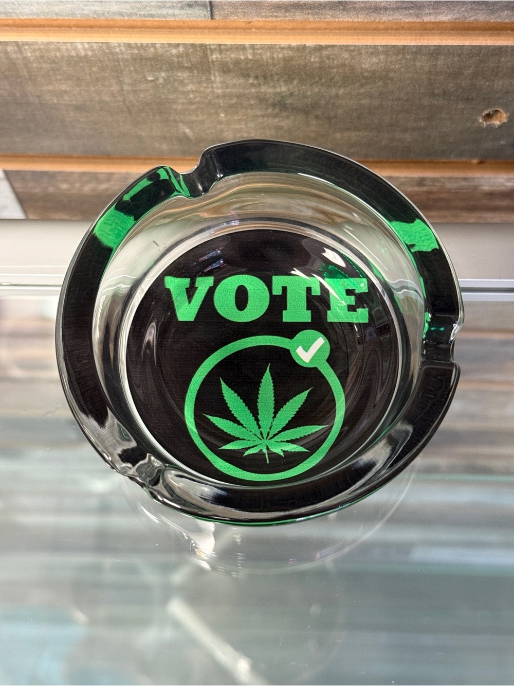 Glass Ashtray with Green "VOTE" Design